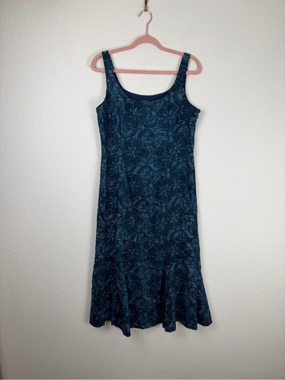 Lauren Ralph Lauren Midi Maxi Dress Floral Sleeveless Linen Mermaid Cut Blue 10